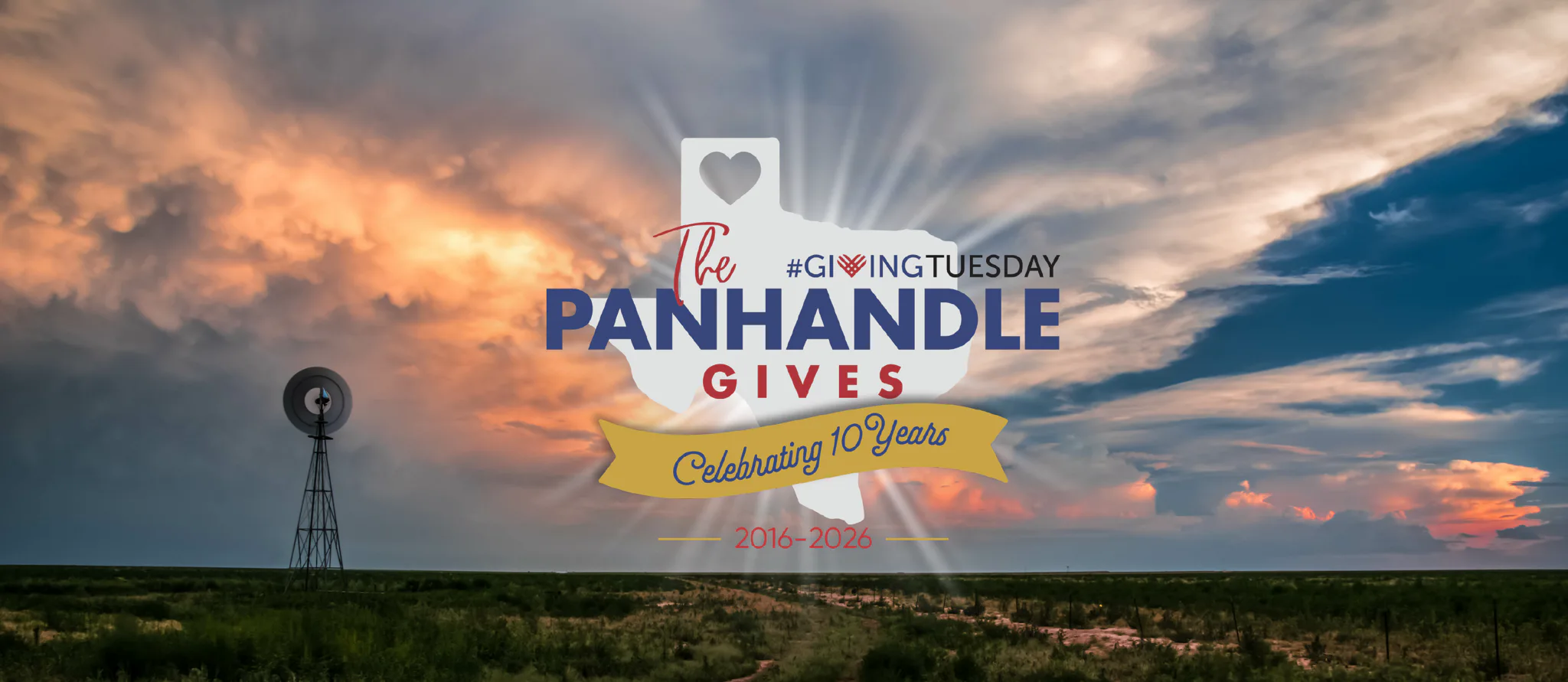 Official 2026 Panhandle Gives campaign: a Panhandle sunset and windmill, celebrating ten years of giving